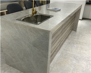 Cristallo White Quartzite Slabs Kitchen Countertop Design