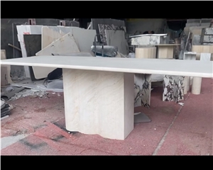 Newest Super White Travertine Precious Stone Dinning Table