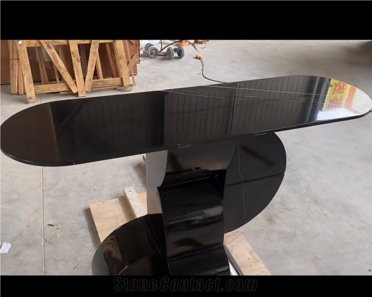 Oval Shape Natural Nero Marquina Marble Dinning Table