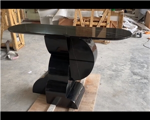 Oval Shape Natural Nero Marquina Marble Dinning Table