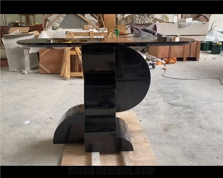 Oval Shape Natural Nero Marquina Marble Dinning Table