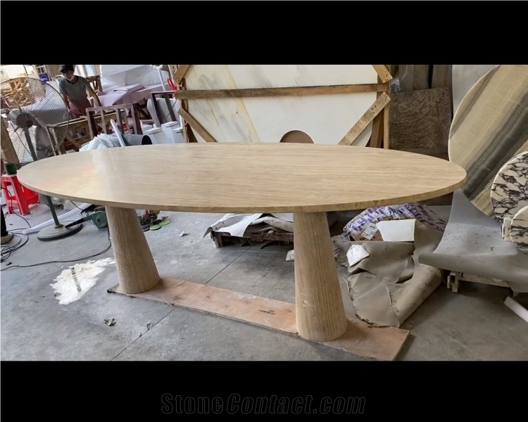 Oval Shape Travertine Coffee Tea Table Beige Stone Furniture