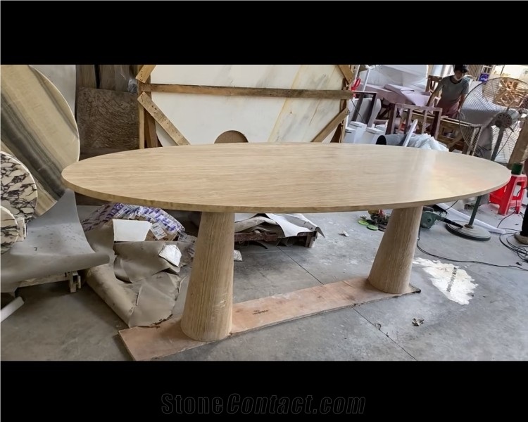 Oval Shape Travertine Coffee Tea Table Beige Stone Furniture