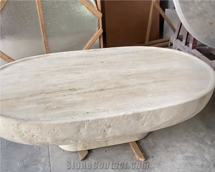 Oval Shaped Super White Travertine Coffee Table