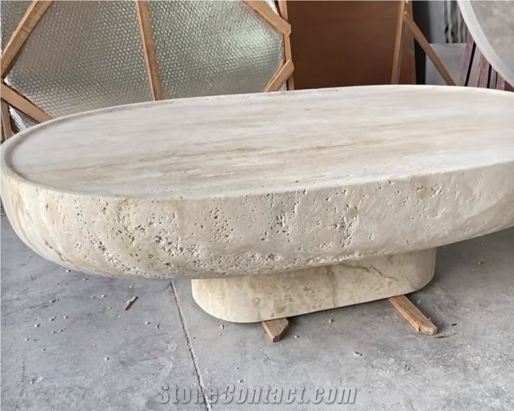 Oval Shaped Super White Travertine Coffee Table