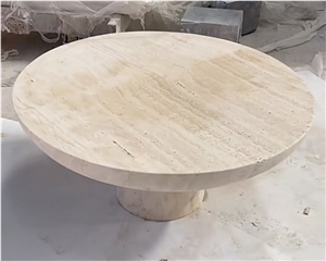 Round Shape Super White Travertine Honed Tea Coffee Table