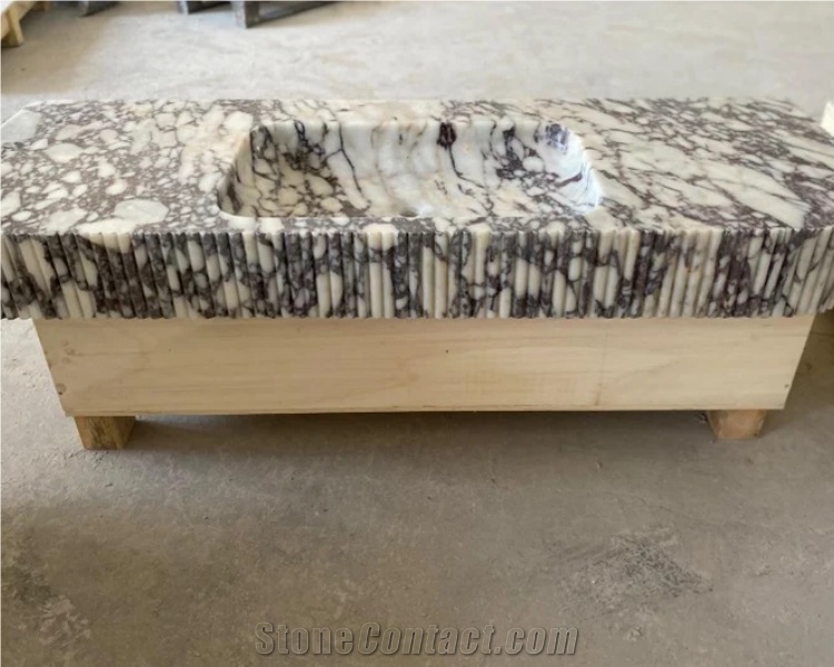 Solid Calacatta Viola Marble Sink Flute Side Bathroom Vanity