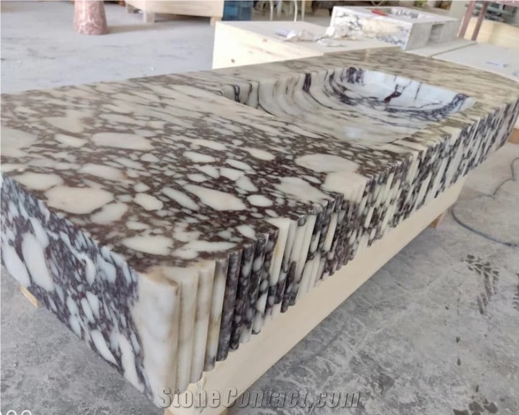Solid Calacatta Viola Marble Sink Flute Side Bathroom Vanity