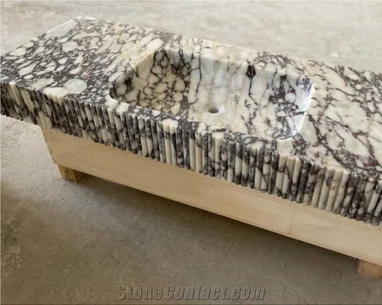 Solid Calacatta Viola Marble Sink Flute Side Bathroom Vanity