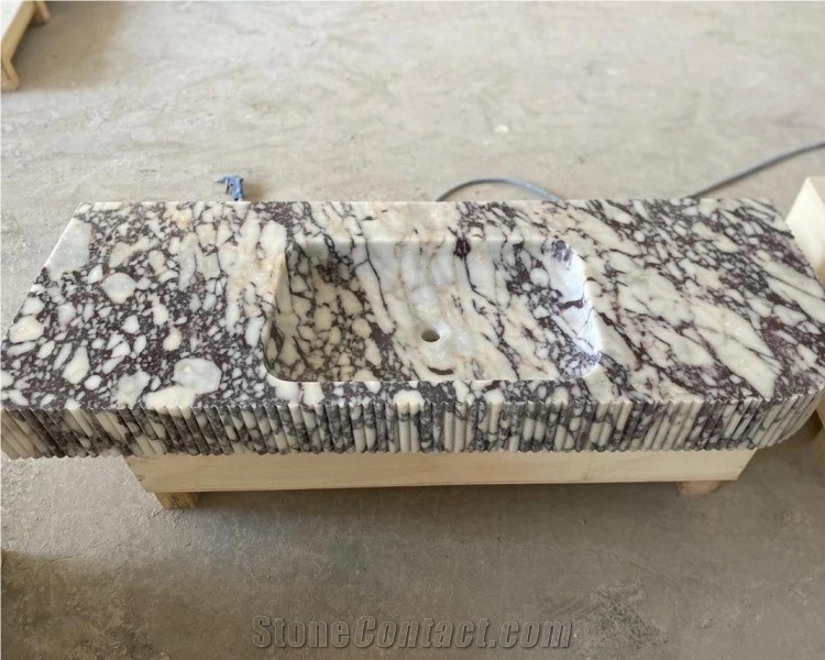 Solid Calacatta Viola Marble Sink Flute Side Bathroom Vanity