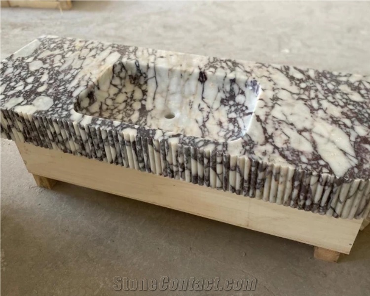 Solid Calacatta Viola Marble Sink Flute Side Bathroom Vanity
