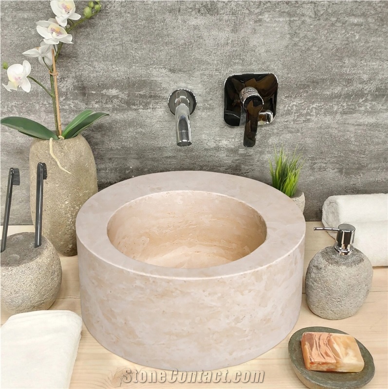 Natural Stone Light Beige Travertine Round Sink Honed (D)18"