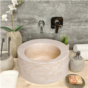 Natural Stone Light Beige Travertine Round Sink Honed (D)18" Natural Stone Light Beige Travertine Round Sink Honed (D)18"