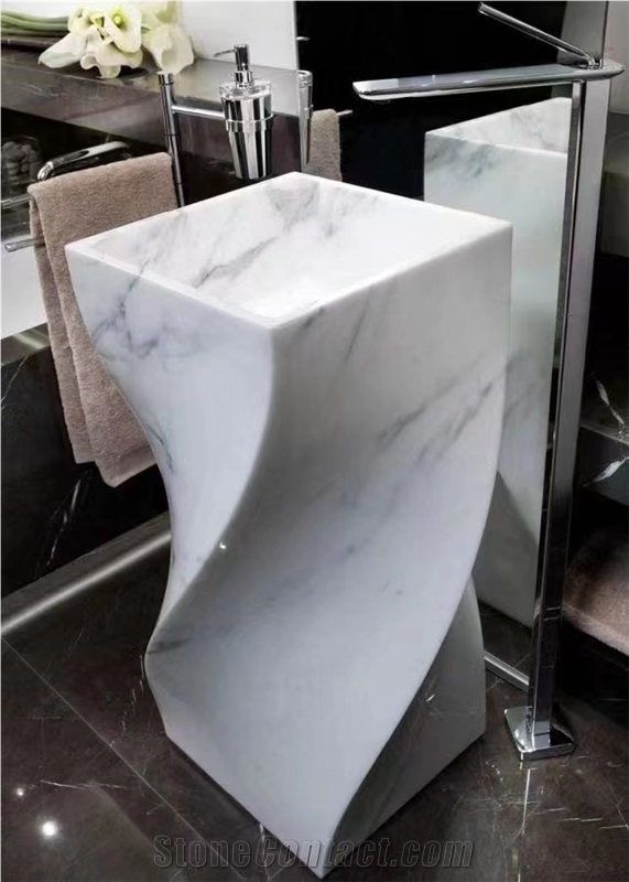 Solid Calacatta Marble Pedestal Bathroom Square Wash Basin