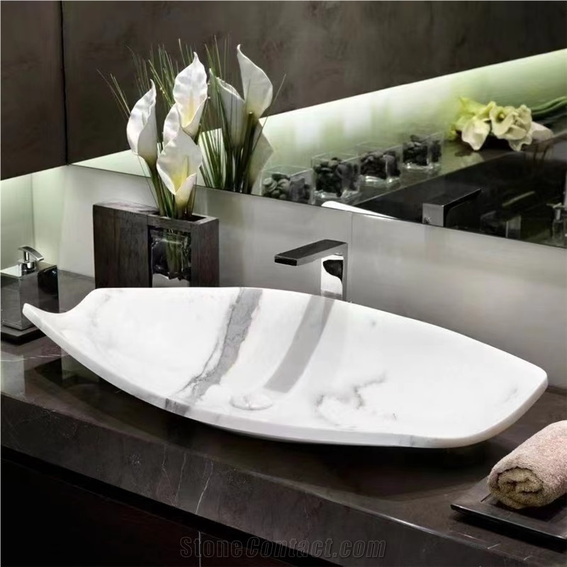 Solid Calacatta Marble Pedestal Bathroom Square Wash Basin