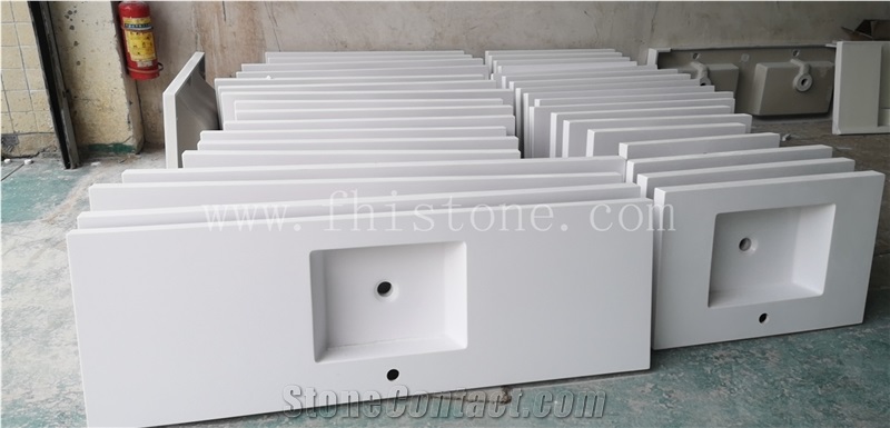 Glossy White Single Sink Vanity Acrylic Top Solid Stone