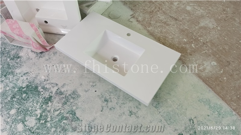 Glossy White Single Sink Vanity Acrylic Top Solid Stone