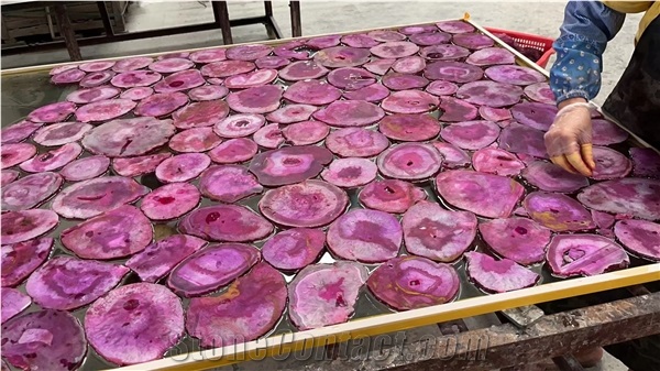 Pink Agate Semiprecious Stone Slab With Light