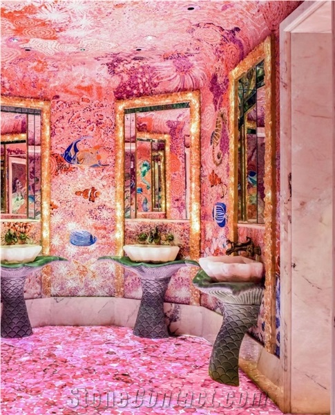 Pink Agate Semiprecious Stone Slab With Light