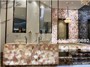 Pink Crystal Quartz Semiprecious Stone Bathroom Counter Unit