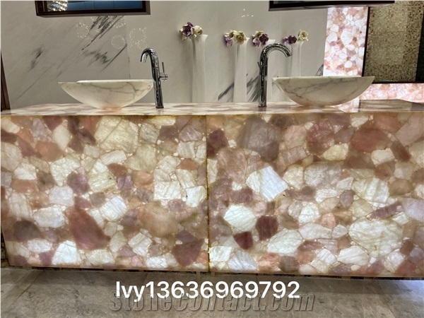 Pink Crystal Quartz Semiprecious Stone Bathroom Counter Unit