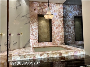 Pink Crystal Quartz Semiprecious Stone Bathroom Counter Unit