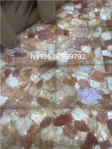 Pink Crystal Quartz Semiprecious Stone Bathroom Counter Unit