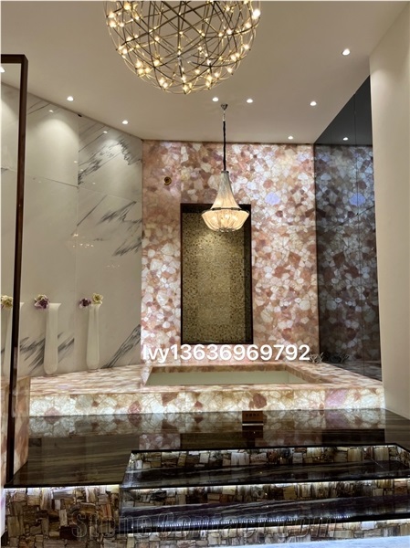 Pink Crystal Quartz Semiprecious Stone Bathroom Counter Unit