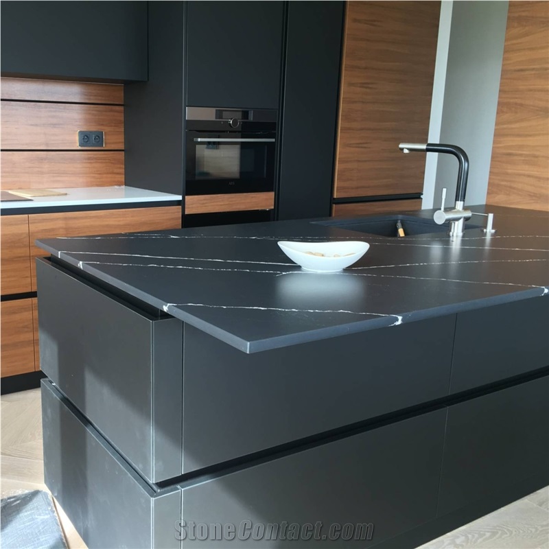 Poetic Black Quartz Kitchen Countertops