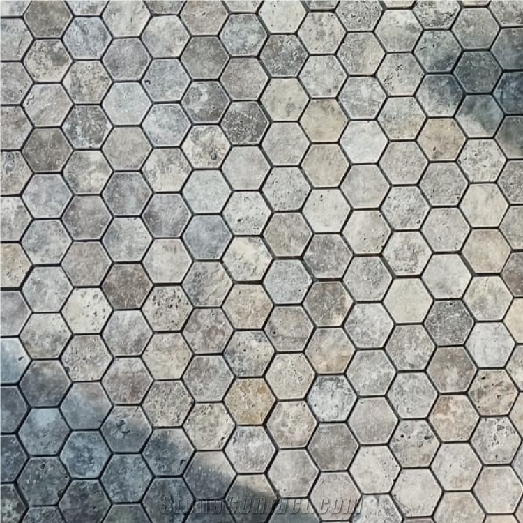 Silver Travertine Mosaic Tiles Tumbled Hexagon X 4.8 Cm