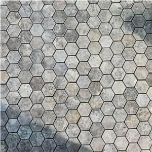 Silver Travertine Mosaic Tiles Tumbled Hexagon X 4.8 Cm Silver Travertine Mosaic Tiles Tumbled Hexagon X 4.8 Cm