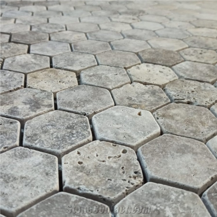 Silver Travertine Mosaic Tiles Tumbled Hexagon X 4.8 Cm