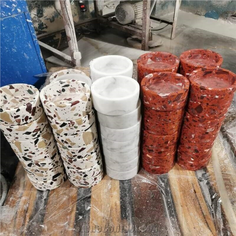 White Red Terrazzo Stone Pet Bowl Dog Bowl