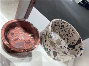 White Red Terrazzo Stone Pet Bowl Dog Bowl