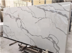 Artificial Calacatta Quartz Eased Polish Kitchen Countertop