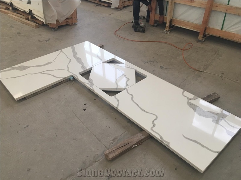 Calacatta White Quartz Abovemount L Kitchen Tops For Project