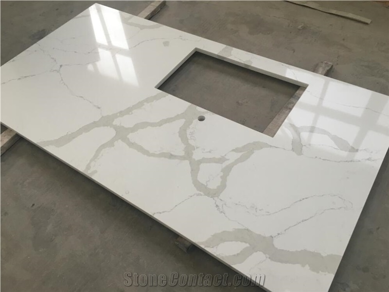 Popular Calacatta White Quartz Kitchen Peninsula Countertop
