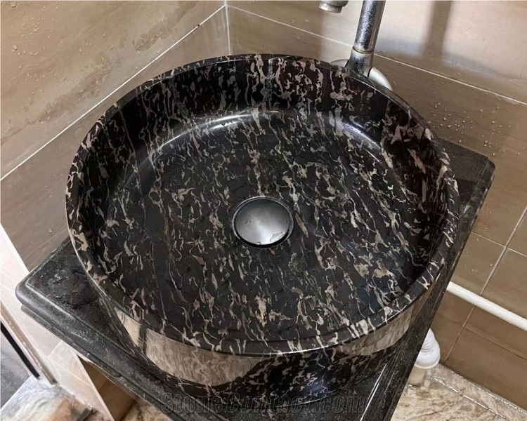 Black Gold Marble Natural Stone Round Sink Wash Basin