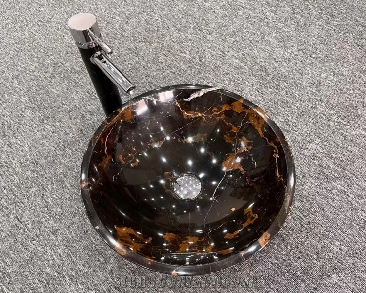 Black Gold Marble Natural Stone Round Sink Wash Basin
