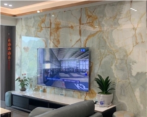 Golden Blue Onyx Slab For Hotel Villa Background Wall Design