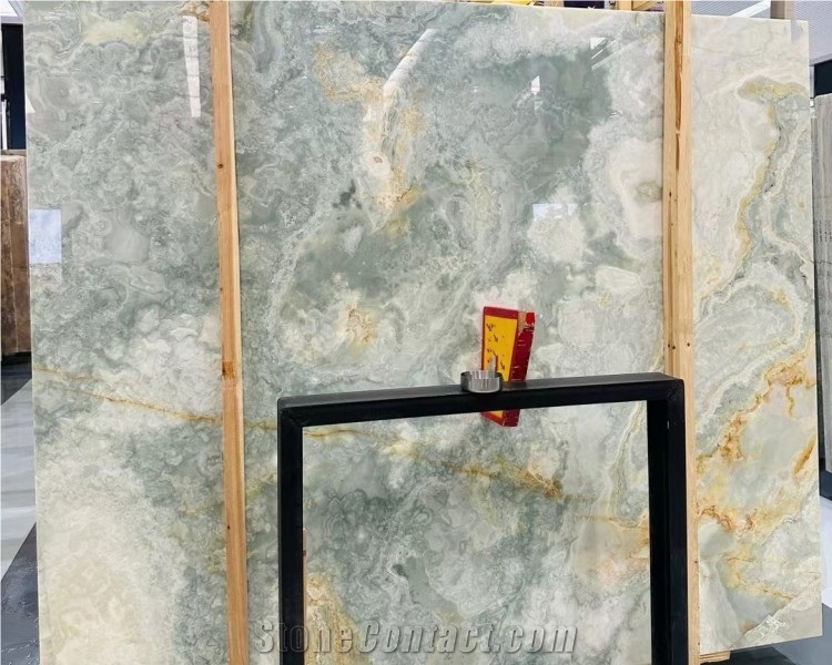 Golden Blue Onyx Slab For Hotel Villa Background Wall Design