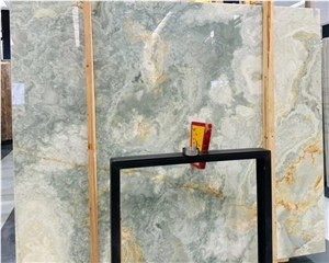 Golden Blue Onyx Slab For Hotel Villa Background Wall Design