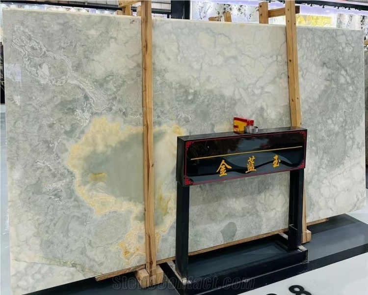 Golden Blue Onyx Slab For Hotel Villa Background Wall Design
