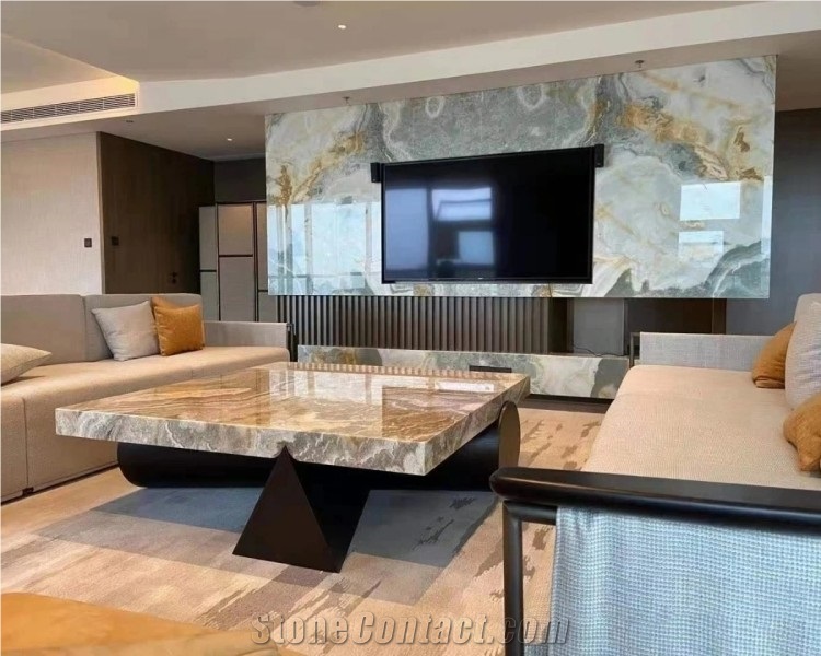 Golden Blue Onyx Slab For Hotel Villa Background Wall Design