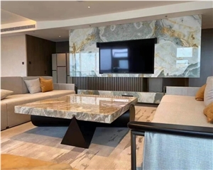 Golden Blue Onyx Slab For Hotel Villa Background Wall Design