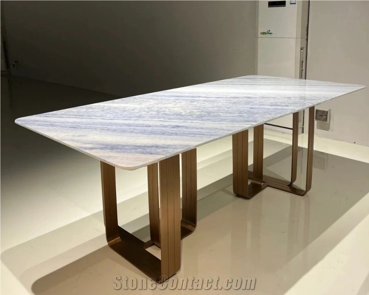 Rectangle Crystal Blue Marble Dinning Table For Living Room
