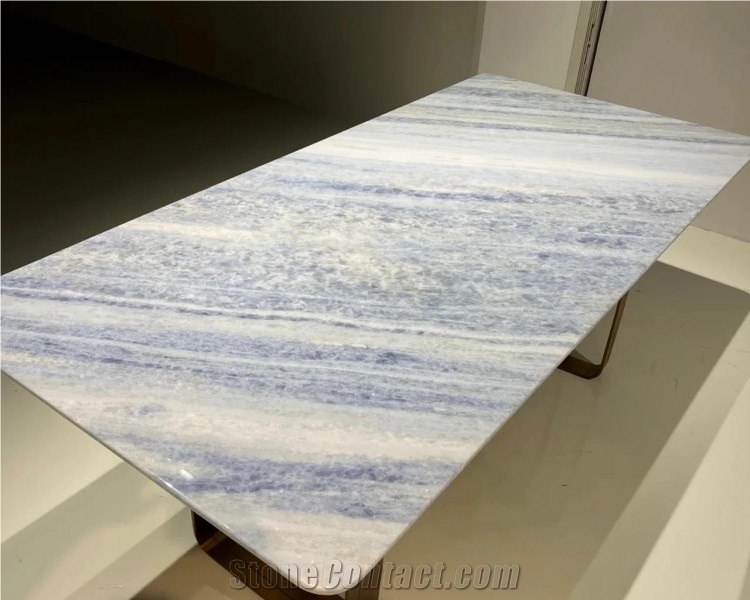 Rectangle Crystal Blue Marble Dinning Table For Living Room