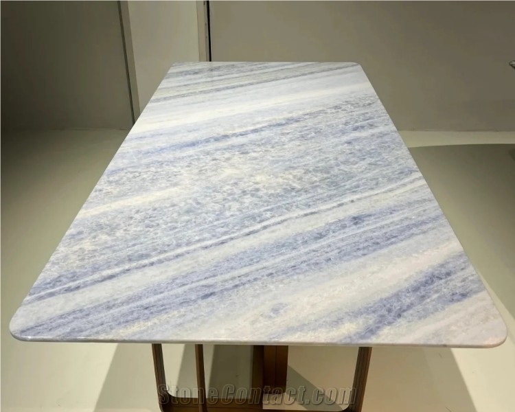 Rectangle Crystal Blue Marble Dinning Table For Living Room