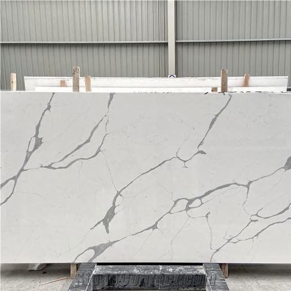 Artificial Stone Calacatta White Quartz Slab With Grey Veins