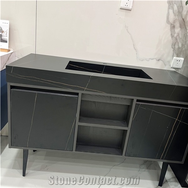 Black Sintered Stone Vanity Luxury Bathroom Vanity Cabinets